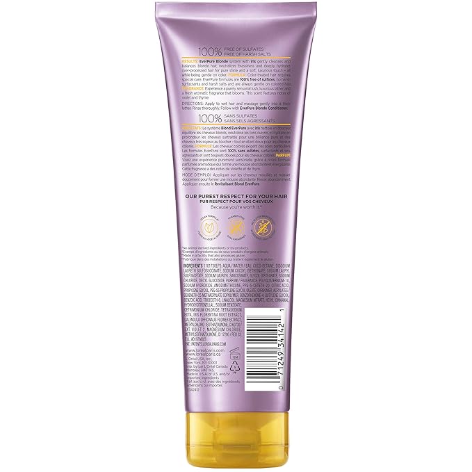 L'Oreal Paris Blonde Sulfate Free Shampoo for Color-Treated Hair,Neutralizes Brass + Balances,EverPure,8.5 Fl Oz (Packaging May Vary),(Pack of 6)