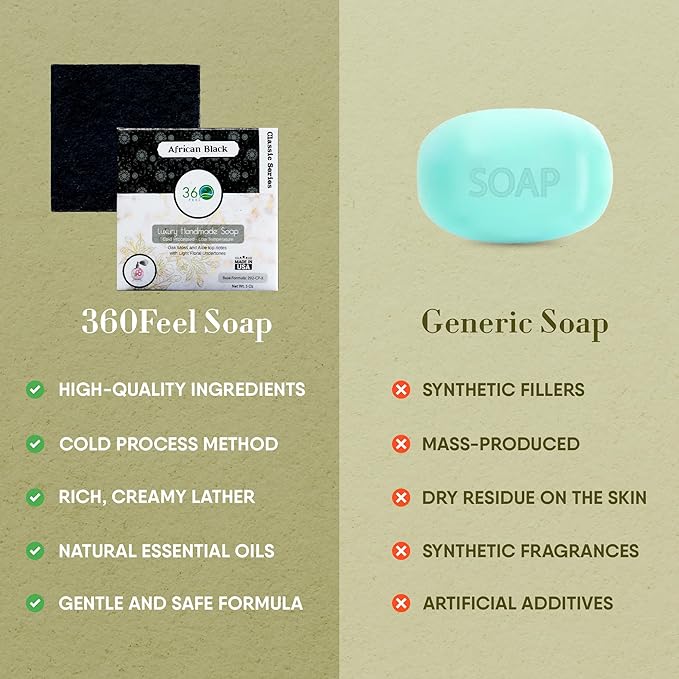 360Feel African Black Soap - Made in The USA - Castile Handmade, All-Natural, Cold-Processed - Infused with African Black Soap and a Soothing Scent - Rich, Creamy Lather (5 oz)