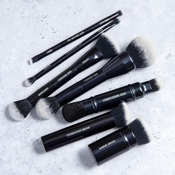 Lune+Aster Complexion Duo Brush | Retractable Makeup Brush With Two Ends For Application Of Cream, Liquid And Powder. Made with Alumium Handle, Vegan Bristles.
