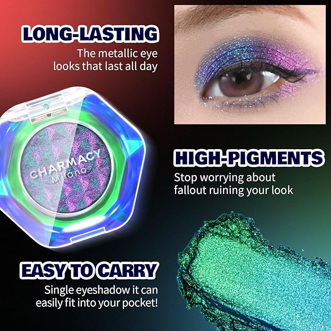 CHARMACY Multichrome Glitter Eyeshadow, Intense Pigmentation Chameleon Sparkling Eyeshadow, Bright Highlighter Duochrome Eye Make Up, Multi-Reflective Finishes Glitter Metallic Eye Makeup #08