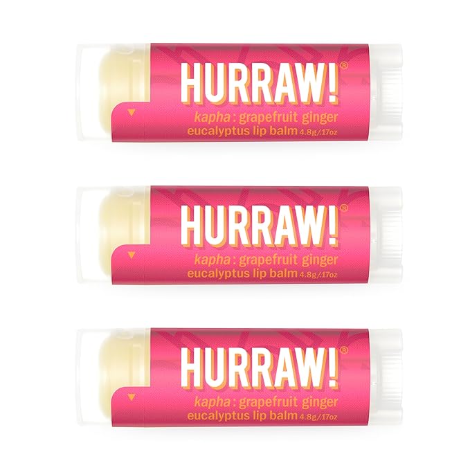 Hurraw! Grapefruit, Ginger, Eucalyptus (Kapha) Lip Balm, 3 Pack: Organic, Certified Vegan, Cruelty and Gluten Free. Non-GMO, 100% Natural Ingredients. Bee, Shea, Soy and Palm Free. Made in USA