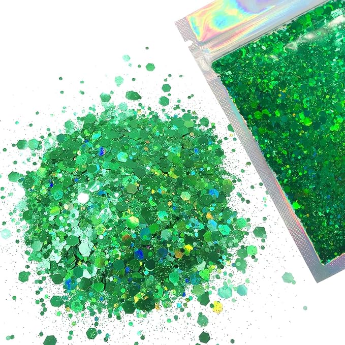 Green Face & Body Glitter - Chunky Glitter - Uses Include: Holidays, Cheerleading, Festival, Rave, Hair, Makeup, Face, Body, Nails, Resin, Arts & Crafts, Resin, Tumblers, Bath Bombs