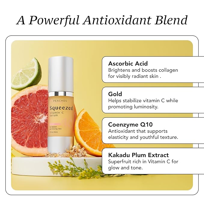 Peaches Skin Care Squeezed Vitamin C Serum with Kakadu Plum, Gold and CoQ10 – Lightweight Hydrating Formula for Radiant-Looking Complexion – Vegan Skincare for Women, 1 fl oz