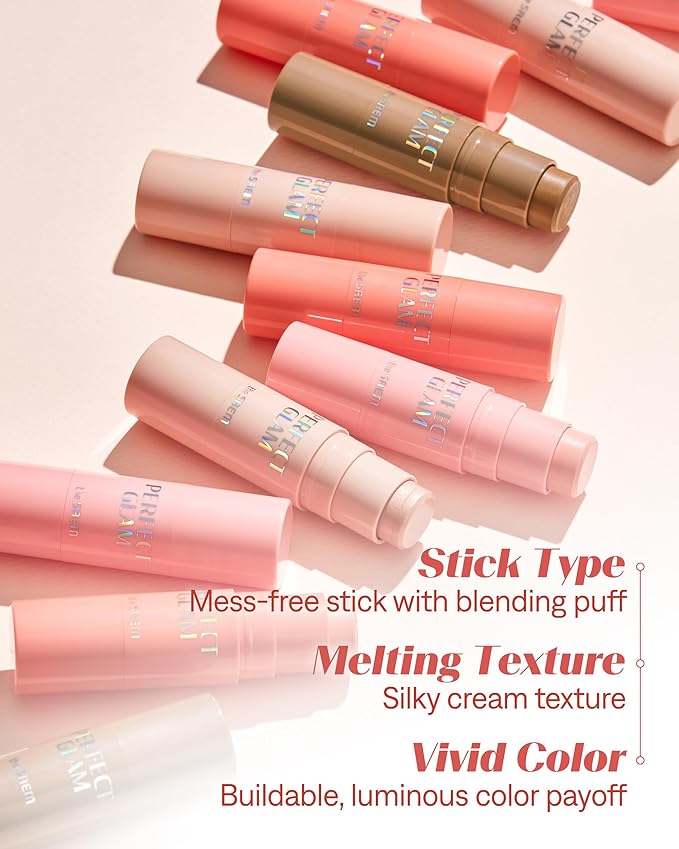 THESAEM Perfect Glam Stick Blush CR01 Apricot Milk - Creamy Cheek Peach Coral - Ceramide, Shea Butter - Melting Cream Texture Buildable Color Korean Makeup with Blending Puff, 0.2oz.