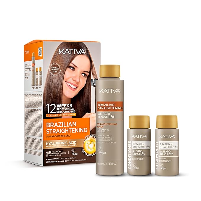 KATIVA Brazilian Keratin Treatment Kit at home Formaldehyde Free Hair Straightening with Hyaluronic Acid, Up to 12 Weeks Frizz Control for Curly, Wavy, Frizzy Hair (Straightening Kit)