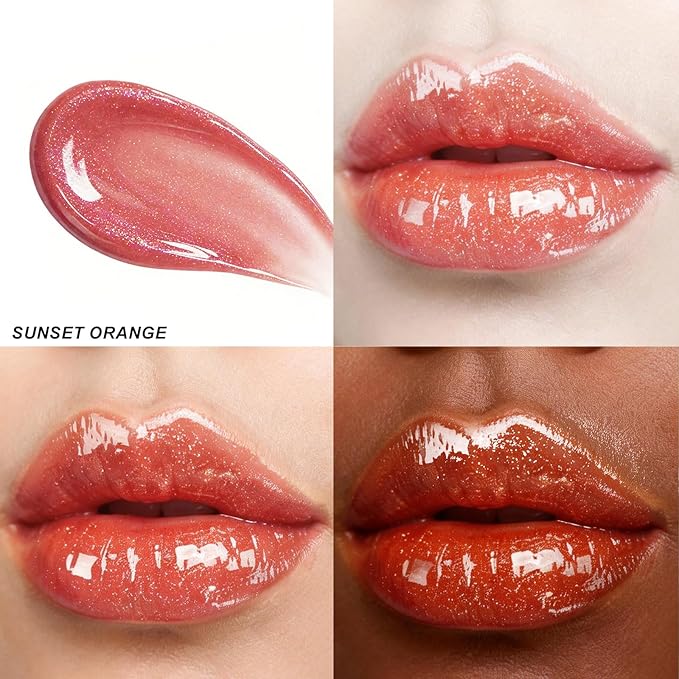 Glitter Lip Gloss – High-Shine Hydrating Lip Gloss, Non Sticky Moisturizing Crystal Shimmer Gloss, Caramel Scent, Nourishing Lip Oil Shine for Smooth Glossy Lips, Sunset Orange, 0.21 fl oz