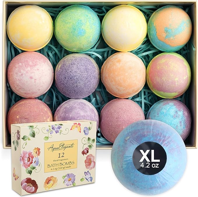 Flower Bath Bombs Gift Set - 12 Large Natural Bathbombs for Women with Scented Essential Oils and Moisturizing Shea Butter + Organic Coconut Oil for Fizzy Bubbles