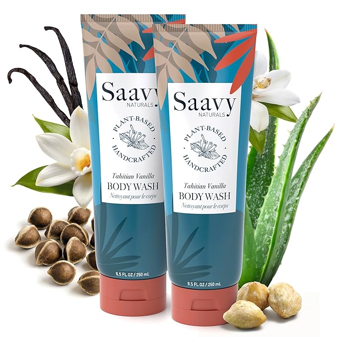 Saavy Naturals Moisturizing Body Wash for Sensitive Skin – Plant-Based & Pure with Coconut Oil, Shea Butter & Aloe Vera – Paraben-Free, Cruelty-Free – Tahitian Vanilla – 8.5 fl oz, 2 pack