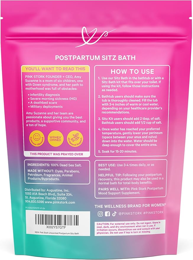 Pink Stork Postpartum Sitz Bath Soak: Dead Sea Salt for Perineal Care & Cleansing, Postpartum Recovery, Labor and Delivery Essentials, Women-Owned, Unscented, 16 oz