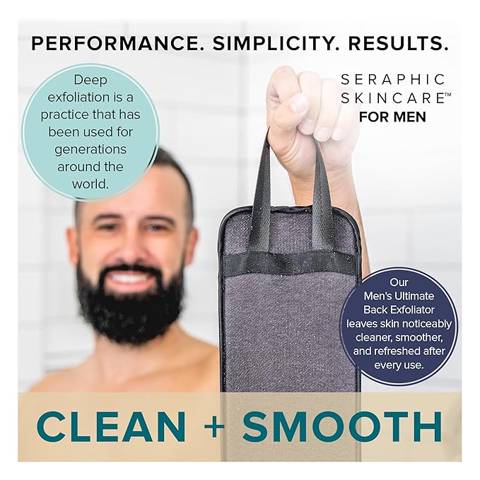 Seraphic Skincare Men Ultimate Premium Back Exfoliator – Dual-Sided Back Scrubber for Men, Double Side for Deep Exfoliation, Mesh & Washcloth Side for Cleansing - Dead Skin Removal & Self Tanner