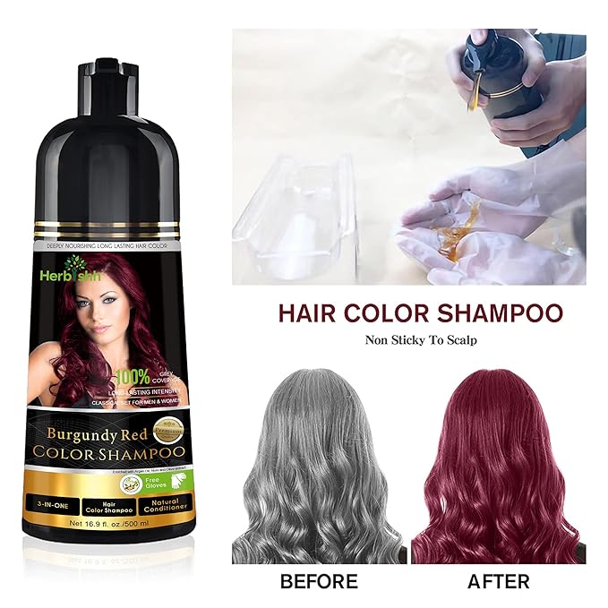 Herbishh Color Shampoo for Gray Hair Coverage (Burgundy) –Hair Dye 3-in-1 Shampoo- Colors in Minutes – Lasts Up To 2-3 Weeks – 500 mL – Ideal for Men & Women