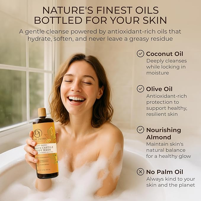 Dr. Jacobs Naturals Pure Castile Soap Liquid Body Wash, Almond - Plant Based Castile Soap Infused with Vitamin E and Aloe Vera to Moisturize Dry and Sensitive Skin - Made in The USA - 32 oz, Pack of 2