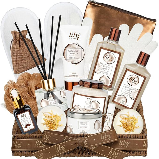 Bath and Body Gift Basket Set for Women - Coconut Vanilla Gift, Spa Gift Basket 17-Piece Bath Gift Set Self Care Gift for Mothers Day, Fathers Day, Birthday, Christmas Gifts, Valentines Day Gifts