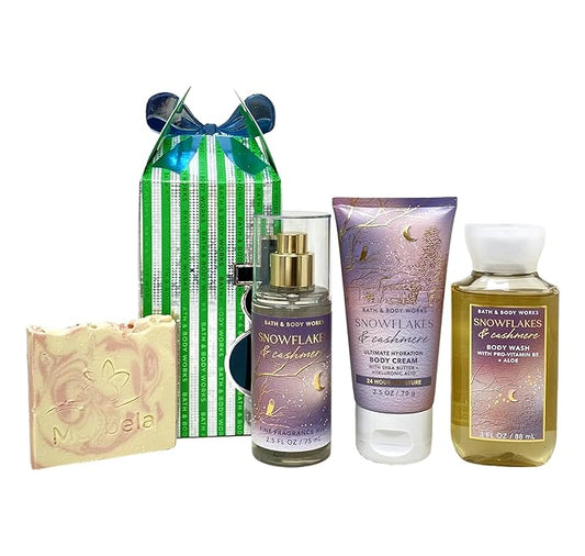 Bath & Body Works Snowflakes & Cashmere Mini Gift Box Trio - Fragrance Mist - Body Cream and Body Wash with a Himalayan Salts Springs Sample Soap - Travel Size