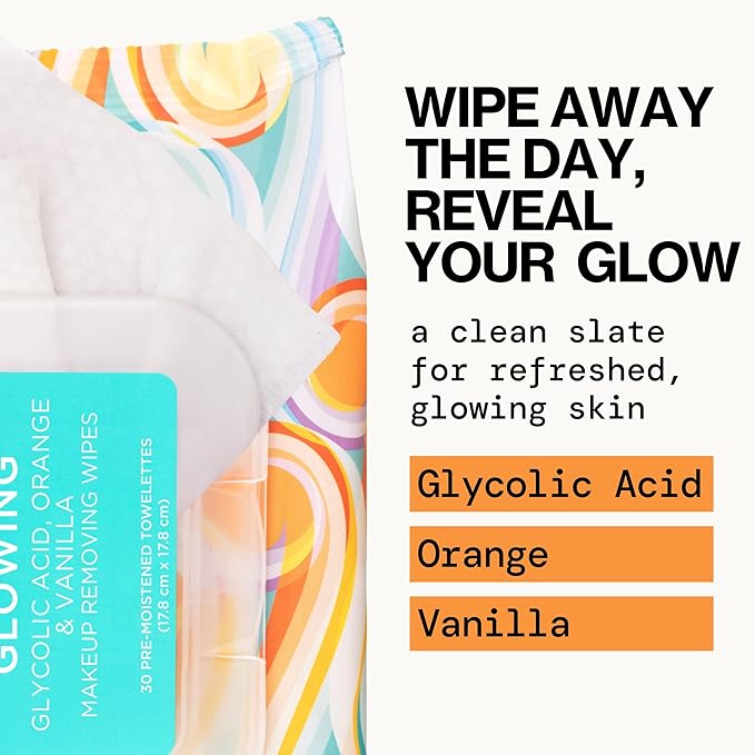 Pacifica Glowing Makeup Remover Wipes – With Glycolic Acid for AHA Exfoliating and Facial Cleansing – No Rinse Face Cleaning Towelettes – Dermatologist Tested, Vegan & Cruelty-Free – 30 Pack