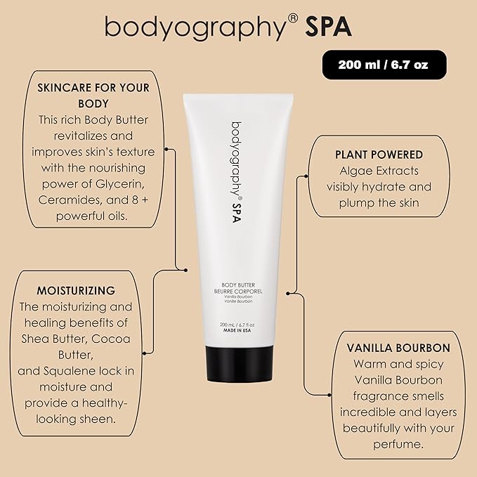 Bodyography Spa Body Butter 8 ounces | Vanilla Bourbon Fragrance | Luxurious Whipped Vegan Moisturizer with Ceramides, Algae Extract & Shea Butter | Firming Hydration for Dry Skin