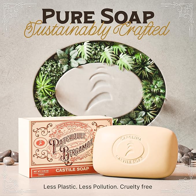 Carolina Castile Soap Patchouli Bergamot Bar Soap – Triple Milled for a Smooth, Silky Lather – Made with Unsaponified Olive Oil & Fair-Trade Cocoa Butter for a Soft, Daily Wash for Men and Women –5 oz