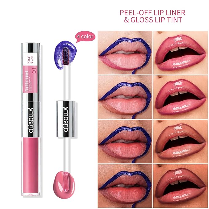 Double-Ended Peel-Off Lip Liner & Gloss Tint – Long-Lasting Hydrating Lip Color, Smudge-Proof & Kiss-Proof Gloss Duo for Plump Shiny Lips (02 Honey Nude)