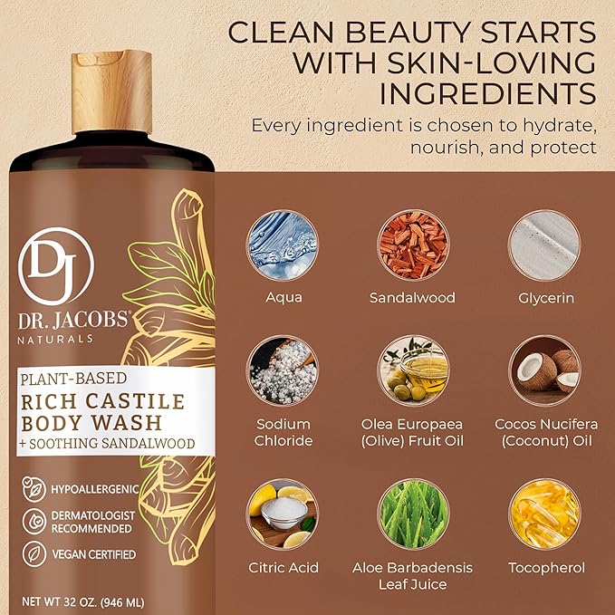 Dr. Jacobs Naturals Pure Castile Soap Liquid Body Wash, Sandalwood - Plant Based Soap Infused with Vitamin E and Aloe Vera to Moisturize Dry and Sensitive Skin - Made in The USA - 32 oz, Pack of 1