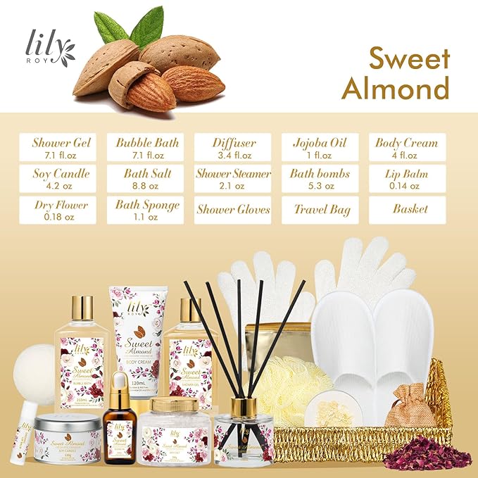 Mothers Day Gifts for Women 17-Piece Almond Luxury Spa Gift Set Bath and Body Gift Basket Set Care Kit with Shower Gel | Christmas, Valentines Day Gift for Mom, Birthday Gifts for Her, Wife, Mom