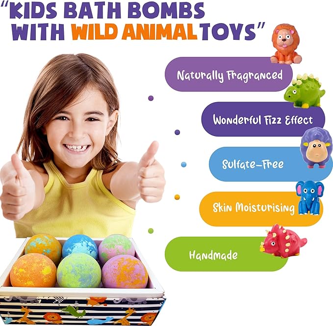 Bath Bombs for Kids with Surprise Inside - Organic Bath Fizzies with Toys Inside. All Natural, Gentle, and Kids Safe, Rainbow Spa Bath Fizz Balls, Easter Basket Essentials for Boys, Toddlers, Baby