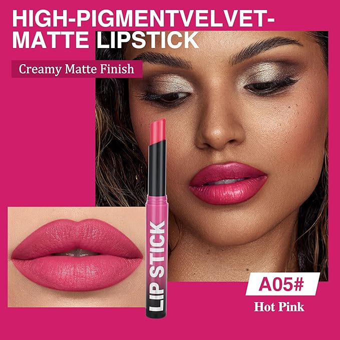Hot Pink Lipstick for Women，Matte Velvet Satin Lipsticks，Hydrate Lip stick Non-Drying Long Lasting Lip Stain Daily Makeup，Creamy Silky Texture，Highly pigment Formula，Vegan & Cruelty-Free，A05#