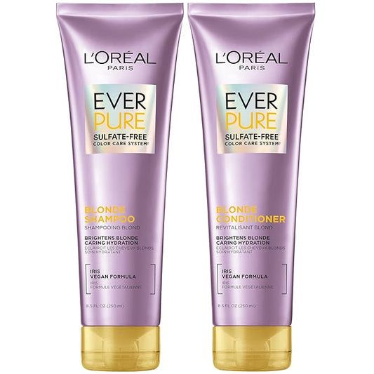 L'Oreal Paris Blonde Sulfate Free Shampoo and Conditioner for Color-Treated Hair, Neutralizes Brass + Balances, EverPure, 8.5 Fl Oz, Set of 2