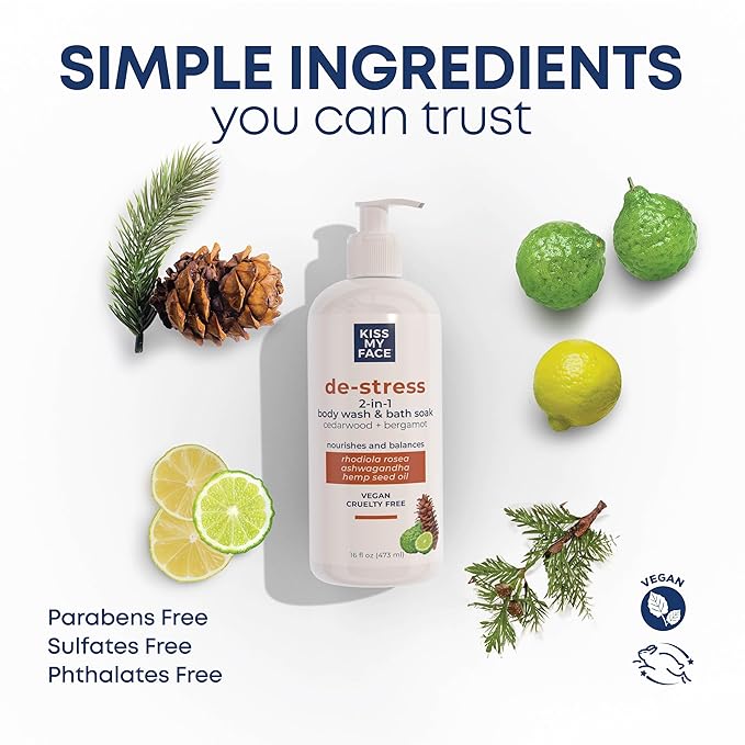 Kiss My Face De-Stress 2-in-1 Body Wash & Bath Soak Cedarwood + Bergamot - Vegan Body Wash - 16 oz Bottle with Pump (Cedarwoord & Bergamot, Pack of 1)