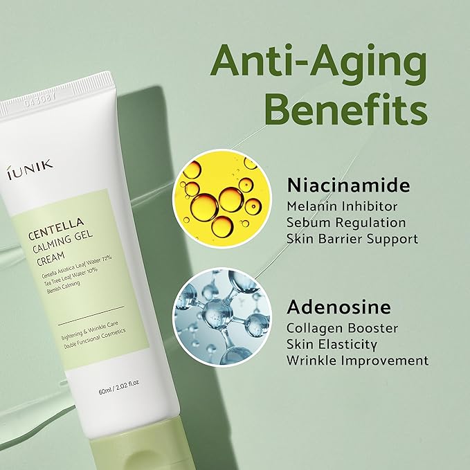 IUNIK Centella 70% Calming Gel Cream Vegan Non-Sticky Moisturizing Blemish Care w/Centella Asiatica Tea Tree 10% Soothes Acne Rosacea Oily & Sensitive Skin Korean Skincare BOGO 1+1