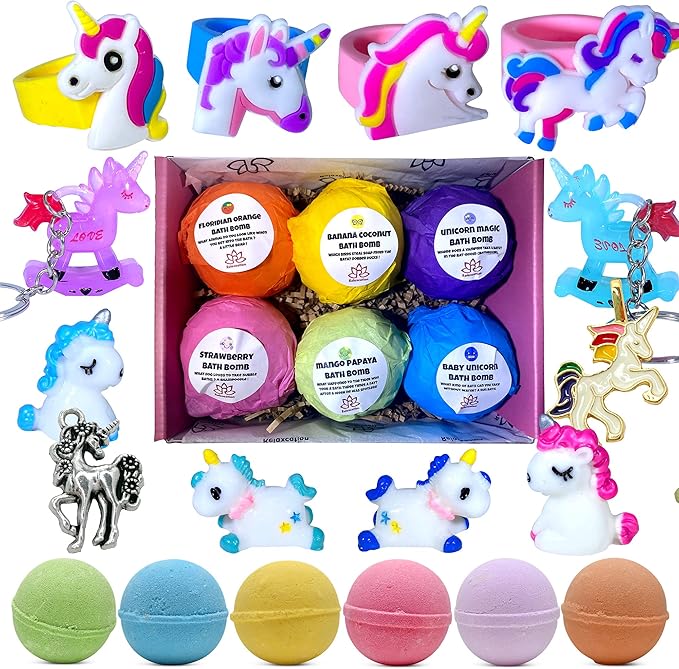 Organic Unicorn Bath Bombs for Girls with Surprise Toys Inside for Kids | Cute Unicorn Ring, Keychain, Necklace, Toys and Bonus Unicorn Purse - Christmas Gift Set Bath Balls with Unicorn Toys Inside