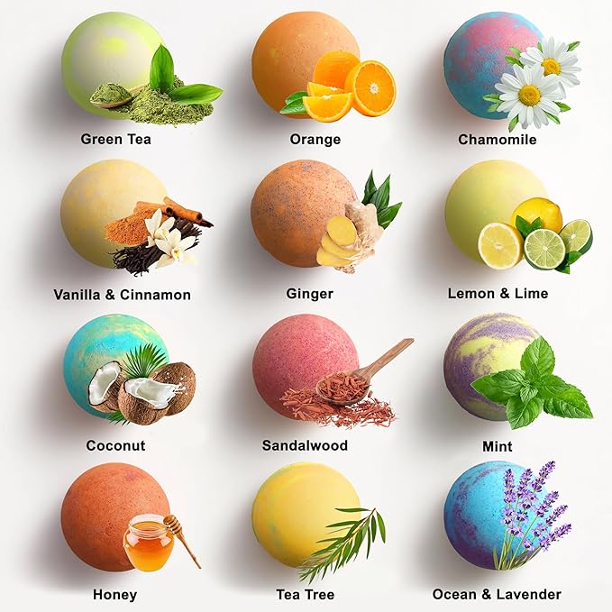 Luxury Bath Bombs for Women - Gift Set of 12 Large Bathbombs with Organic Essential Oils - Natural Vegan Soap for Moisturizing Fizzy Bubbles