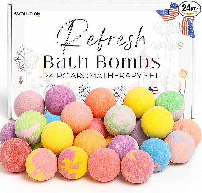 EvolutionUSA Refresh Bath Bombs for Women & Kids – 24 Lush Bath Bombs Mini Sized, Organic Bathbomb Set, Women & Kids Bath Fizz, Luxury Gift for Mother’s Day, Easter, Valentines, Birthday or Self Care