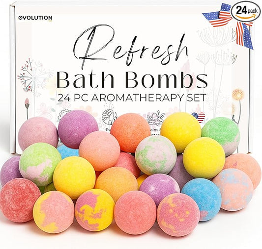 EvolutionUSA Refresh Bath Bombs for Women & Kids – 24 Lush Bath Bombs Mini Sized, Organic Bathbomb Set, Women & Kids Bath Fizz, Luxury Gift for Mother’s Day, Easter, Valentines, Birthday or Self Care