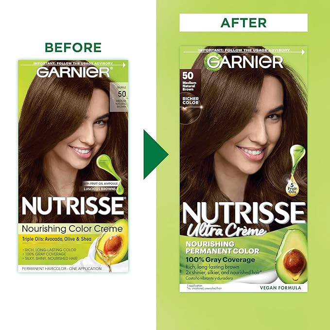 Garnier Nutrisse Ultra Crème Hair Color, Permanent Hair Dye with 100% Gray Coverage, Vegan & Cruelty-Free, 50 Medium Natural Brown (Truffle), 2 Count