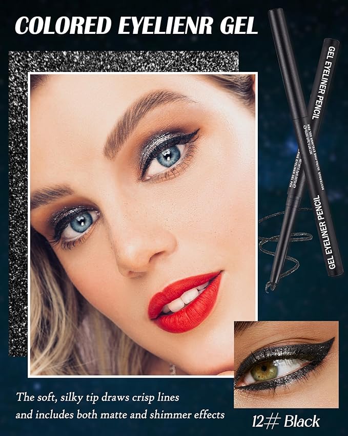 Black Glitter Gel Eyeliner Pencil Waterproof, Metallic Retractable Cream Smooth Eye Liner Pencils, Long Lasting Waterline Hypoallergenic Eyeliner Pen, Highly Pigmented Smudge-Proof Makeup for Women-12