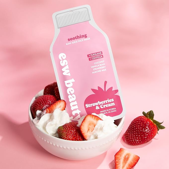 ESW Beauty Strawberries & Cream - Soothing Raw Juice Face Mask (6-Pack) - Calming with Coconut, Vanilla Bean, Almond Milk & Strawberry for Sensitive Skin - Reduces Redness & Nourishes