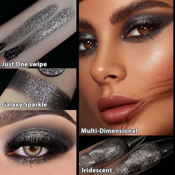 Black Glitter Eyeshadow - Highly Pigmented Iridescent Holographic Black Eye Shadow for Sensitive Eyes, Soft Sparkly Smokey Eyeshadow, Long Lasting Multichrome Diamond Shimmer Pressed Eye Shadow, #36H