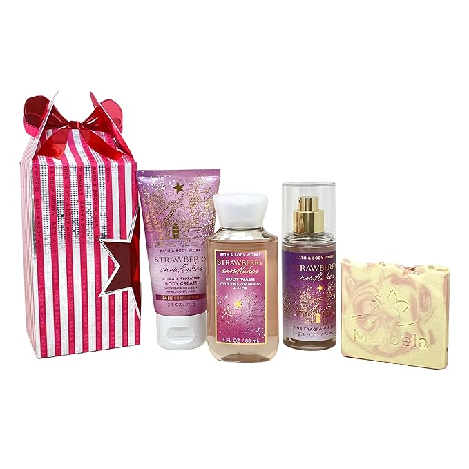 Bath & Body Works Strawberry Snowflakes Mini Gift Box Trio - Fragrance Mist - Body Cream and Body Wash with a Himalayan Salts Springs Sample Soap - Travel Size