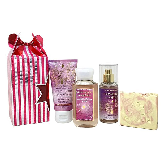 Bath & Body Works Strawberry Snowflakes Mini Gift Box Trio - Fragrance Mist - Body Cream and Body Wash with a Himalayan Salts Springs Sample Soap - Travel Size