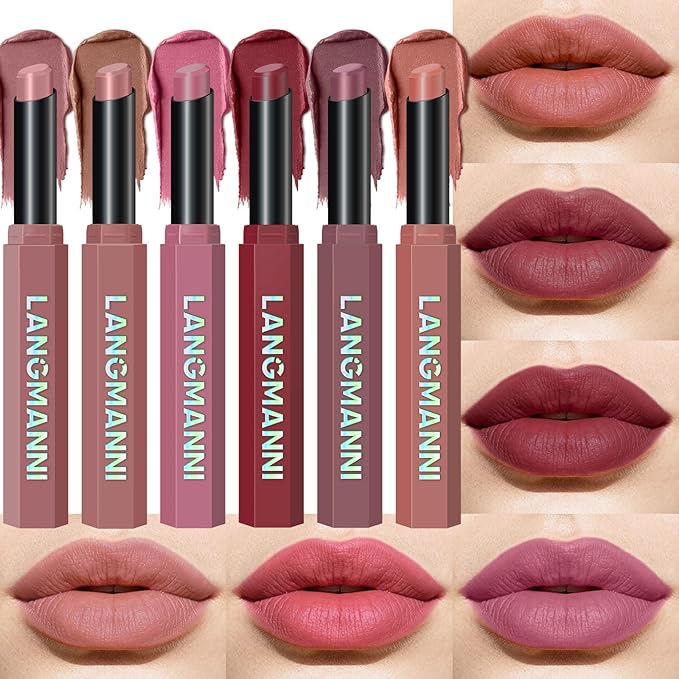 Jolilab 6Pcs Velvet Matte Lipstick Nude Matte Soft Dark Color Stick High Pigmented Long-Lasting Waterproof Lip Stick Lip Balm Beauty Cosmetics Gift for Women(Curated Set A)