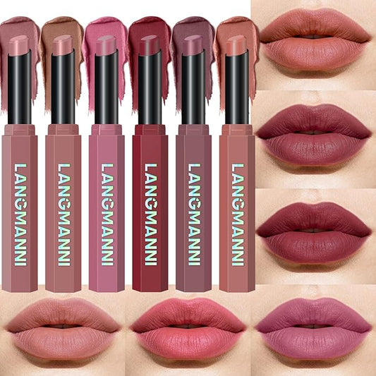 Jolilab 6Pcs Velvet Matte Lipstick Nude Matte Soft Dark Color Stick High Pigmented Long-Lasting Waterproof Lip Stick Lip Balm Beauty Cosmetics Gift for Women(Curated Set A)