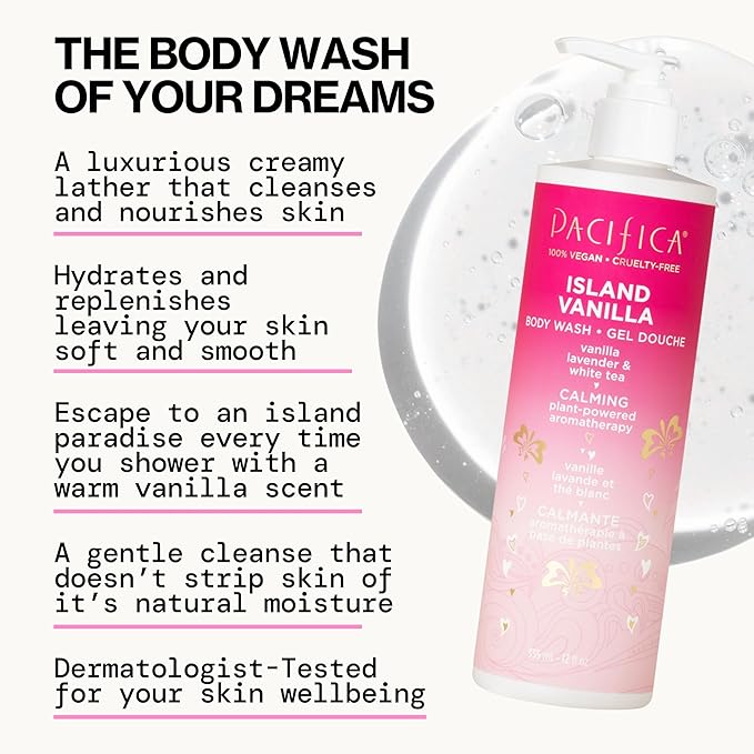 Pacifica Island Vanilla Body Wash Aloe + Hyaluronic Acid,Daily Cleansing,Bath&Shower Gel,Essential Oils,Clean,Vegan + Cruelty&Paraben Free,Clean Beauty Vegan Dermatologist Tested,12 Fl Oz,(Pack of 2)