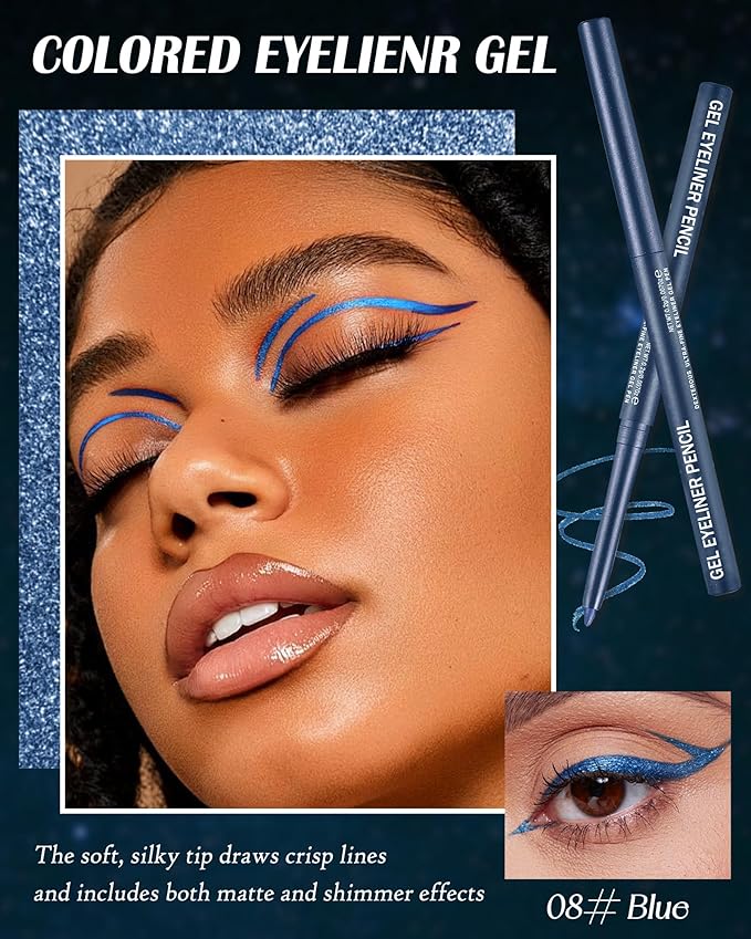 Blue Glitter Gel Eyeliner Pencil Waterproof, Metallic Retractable Cream Smooth Eye Liner Pencils, Long Lasting Waterline Hypoallergenic Eyeliner Pen, Highly Pigmented Smudge-Proof Makeup for Women-08