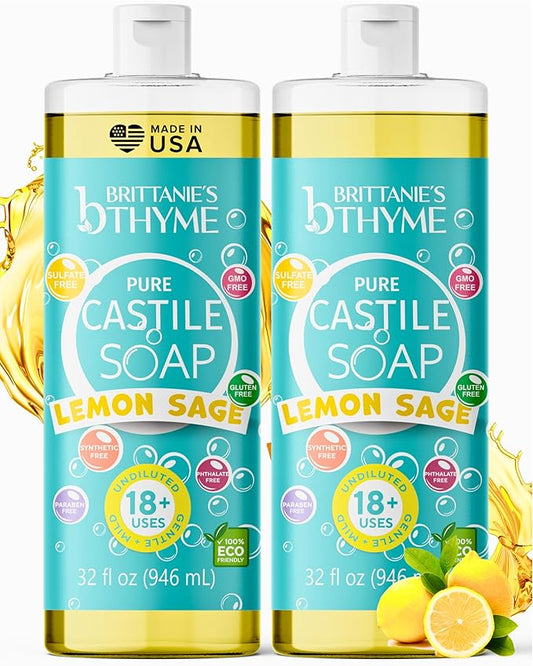 Brittanie’s Pure Castile Liquid Soap Refill, Lemon Sage, 32 Ounce Pack of 2 | Dish Soap, Hair & Body, Home, Gentle and Pure, Made with Natural Luxurious Oils, Vegan & Gluten Free Non-GMO