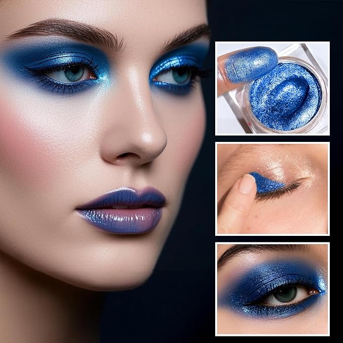 DE'LANCI Metallic Blue Cream Eyeshadow, Sparkling Ultra-Blendable Formula Dark Blue Cream Shimmer Eye Shadow, Moisturizing Professional Single Creme Navy Eyeshadow Makeup for Day & Night, 04#