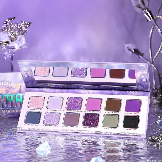 Purple Eyeshadow Palette, 12 Shades Lavender Purple Glitter EyeMakeup Pallet Smokey Neutral Silky Blendable Cream Eye Shadow for Older Women MatteMatellic Pink Compact for Cosplay Halloween Witch Look
