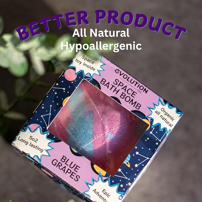 EvolutionUSA 1pc Space Bath Bomb for Boys & Girls, Planet Bath Ball with Toy Hidden Inside, Organic Hypoallerganic Childrens Bathbomb, Cosmic Fun Space Surprise, Gift Set Birthday, Valentines, Easter