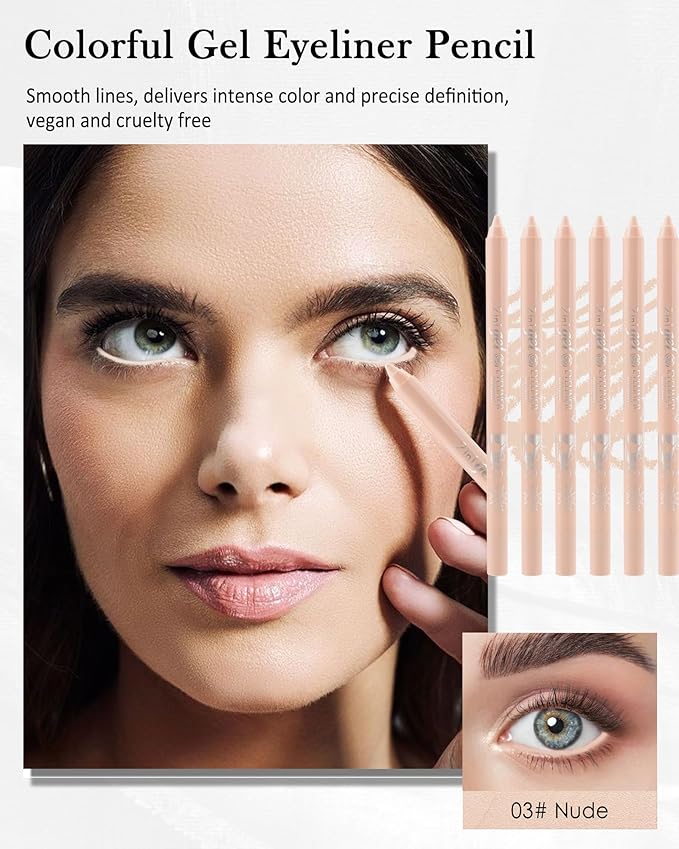 6Pcs Nude Waterline Gel Eyeliner Pencil, Peach Eyeliner Waterline Waterproof Smudge-Proof, Long Stay Eye Liner Brightener Pen with Sharpener, Safe for Sensitive Eyes, Soft Cream Colored Eye Makeup Pen