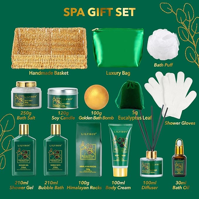Mothers Day Gifts Basket for Women - 15-Piece Premium Eucalyptus Bath Gift Set for Men- Spa Kit, Ideal for Birthday, Valentines Day, Fathers Day, Christmas, Perfect for Holidays Self Care