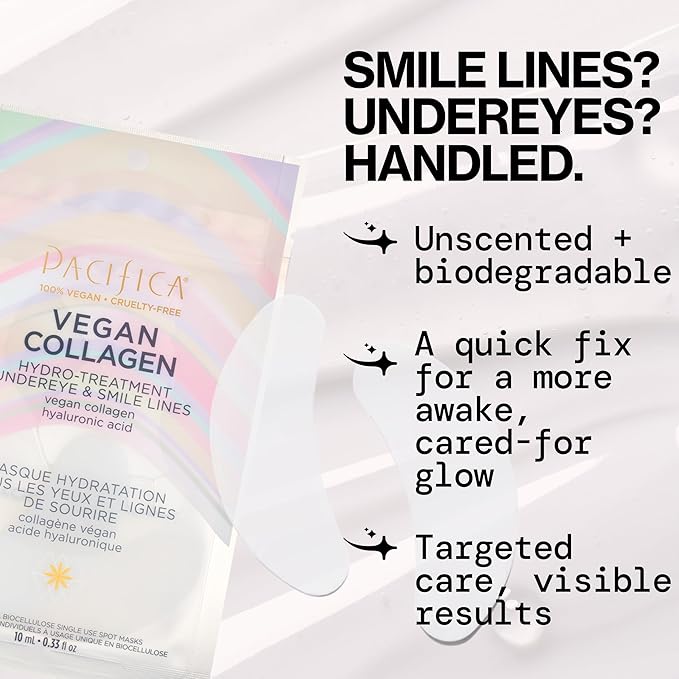 Pacifica Vegan Collagen Undereye & Smile Line Patches – Hydrating Hydro-Treatment Mask for Fine Lines & Wrinkles, Plumping Under Eye & Laugh Line Gel Pads, Unscented, 100% Vegan (2 Patches)